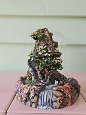 Franklin Mint Cottage Waterfall Sculpture in Green, White, Pink